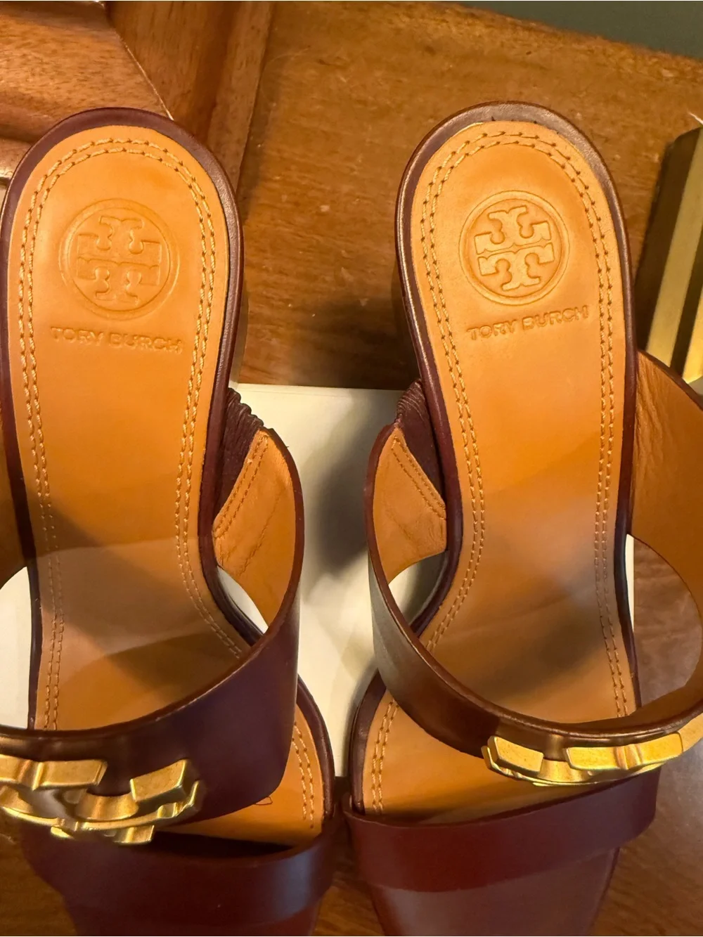 Tory Burch Burgundy Leather Wedge Sandals with Gold Logo